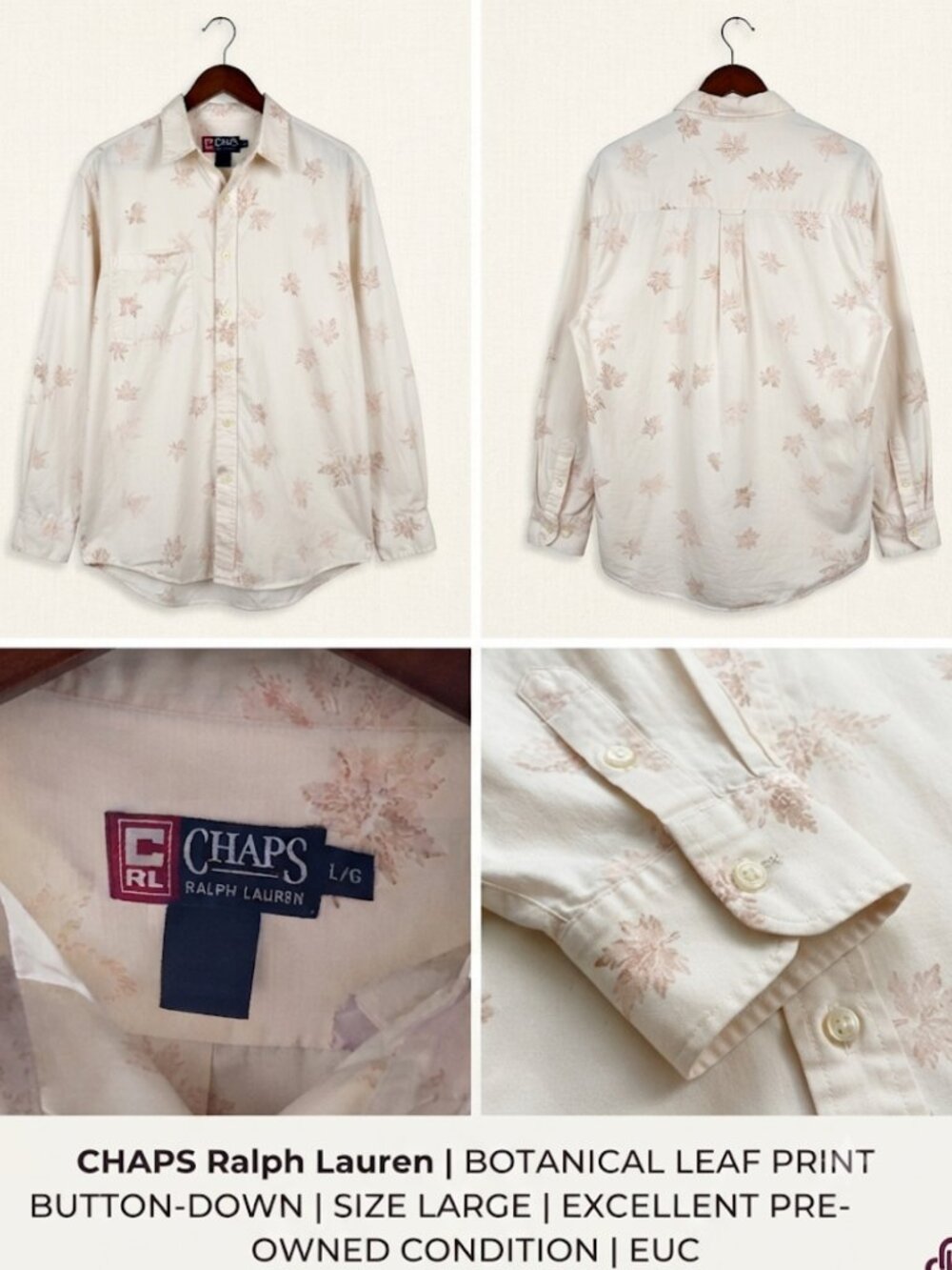 CHAPS Ralph Lauren | BOTANICAL LEAF PRINT BUTTON-DOWN | SIZE LARGE |